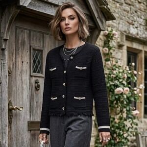 Lilly Pulitzer Beckington Cardigan Onyx Black Gold Button Lady Jacket NWT Medium